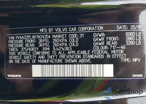 2019 Volvo Xc90 T6 Inscription z USA, uszkodzony, nr VIN YV4A22PLXK1424354